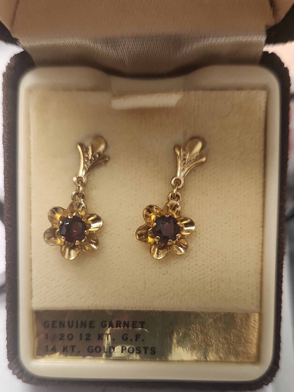 Vintage Genuine Garnet Gold Filled Dangle Earrings 14K Gold Posts Floral Design